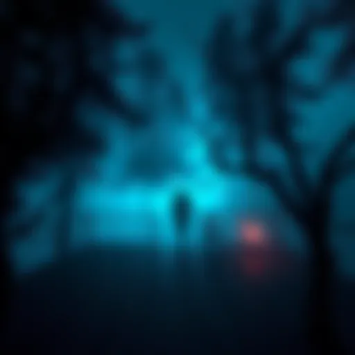 A dark, foggy deck surrounded by trees, with a ghostly figure in the shadows.