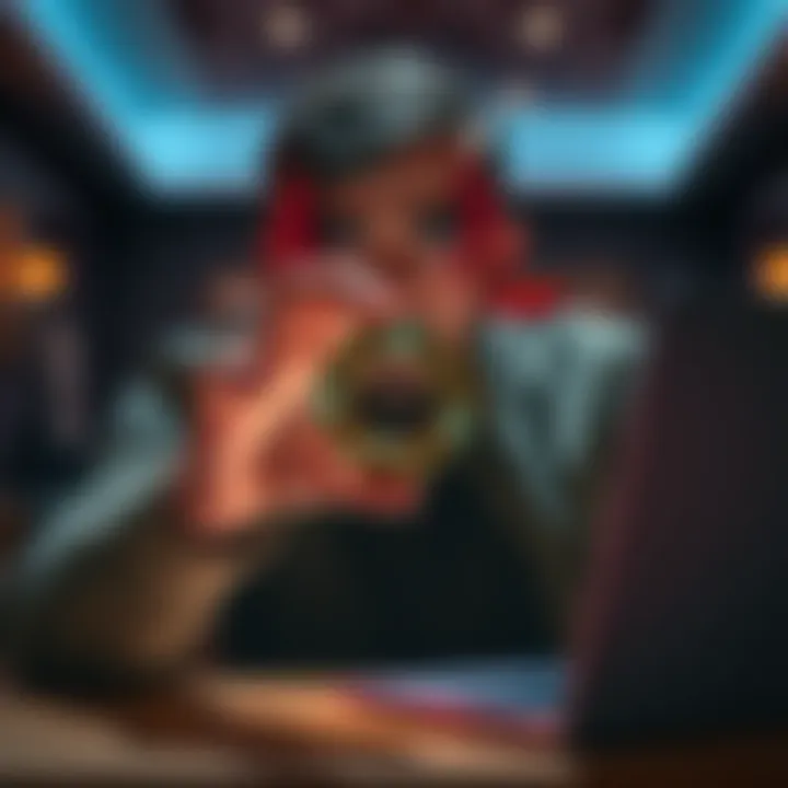 A man holding a mysterious ring with glowing symbols, looking worried in a dimly lit room, with a laptop showing warning signs in the background.