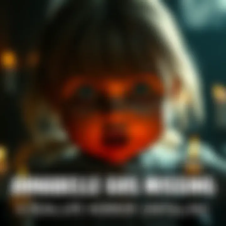 A close-up of a porcelain doll with a haunting expression, surrounded by flickering candles and shadowy figures.