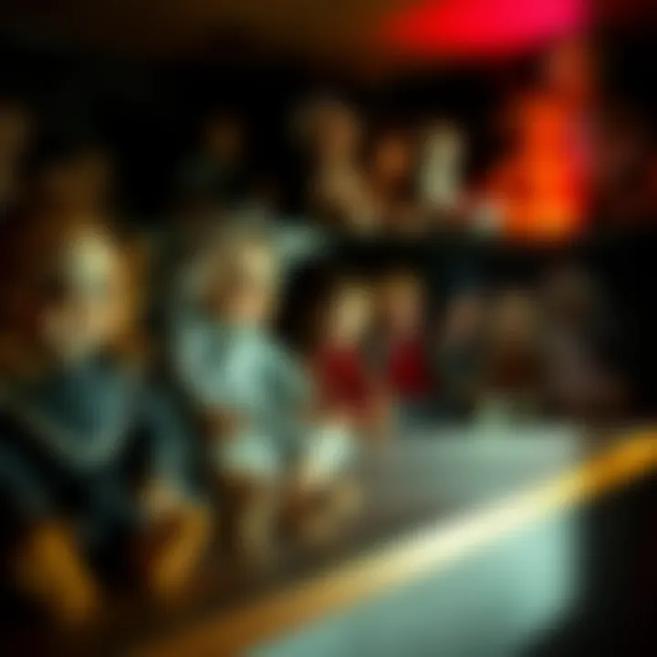 A collection of old dolls with creepy expressions displayed on a shelf, casting eerie shadows in dim light.