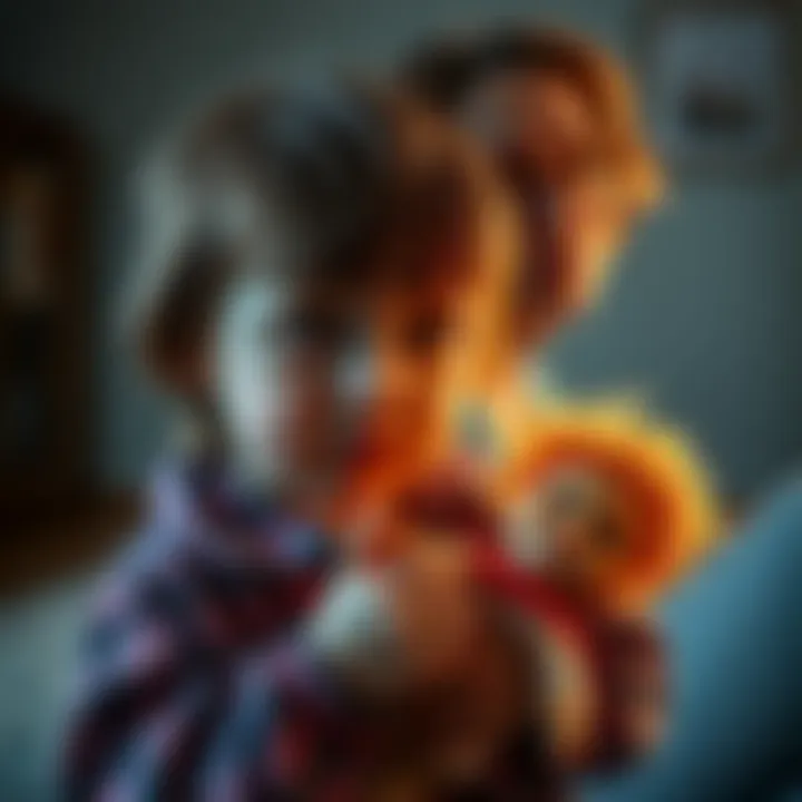 A child holding a haunted doll named Goldy with a worried look on their face, while a woman looks frustrated in the background, representing tension in the family.