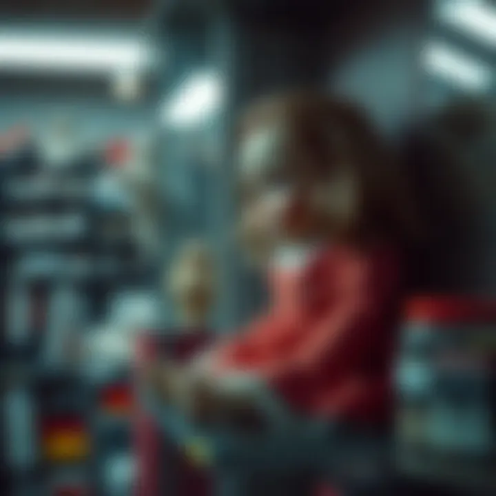 Haunted Doll in Thrift Store A thrift store shelf displaying a vintage doll that gives eerie vibes, with soft lighting emphasizing the doll's features.