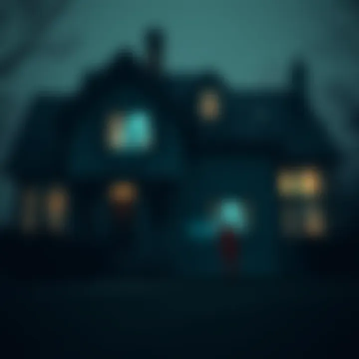Haunted Family Home A dimly lit old house with shadows in the windows, suggesting a ghostly presence and family secrets looming in the background.