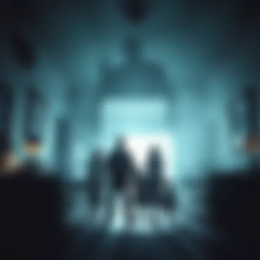 A dark, shadowy figure looms in a dimly lit room, while a family stands in fear, showcasing their haunting experience with shadow entities.
