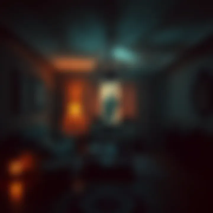 Haunted Family Home A dark living room with eerie shadows and strange figures in the corners, showing a family's fear of paranormal activity.