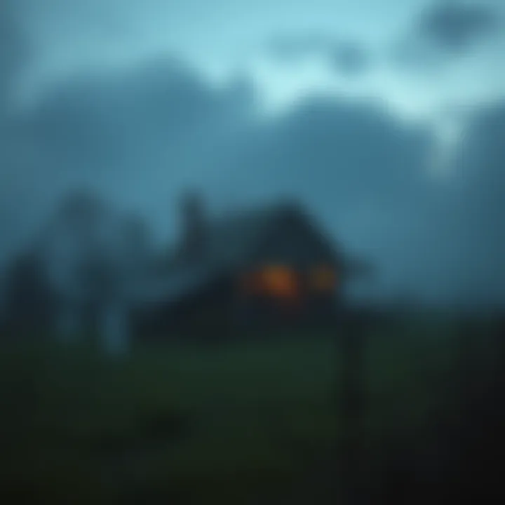 A spooky old farmhouse surrounded by misty fields at night, with ghostly figures faintly visible in the shadows.
