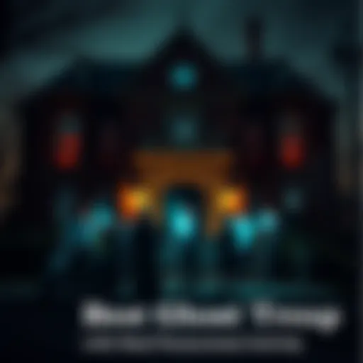 A group of people on a ghost tour standing in front of a spooky building at night, holding flashlights and looking intrigued.