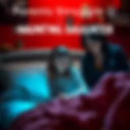A young girl sitting on her bed, looking frightened with shadows around her, as her concerned mother stands nearby.