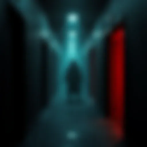 A dark, eerie hallway with a shadowy figure at the end, evoking a sense of fear and the supernatural.