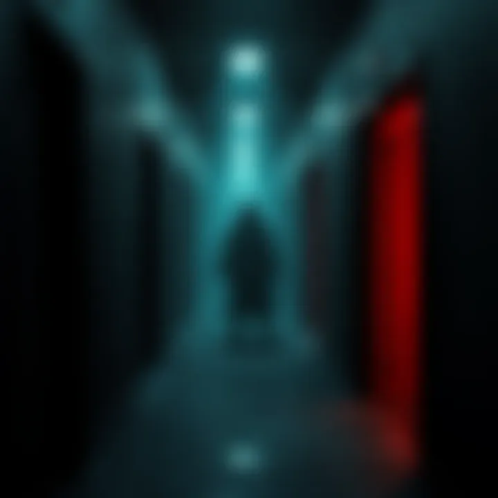 A dark, eerie hallway with a shadowy figure at the end, evoking a sense of fear and the supernatural.