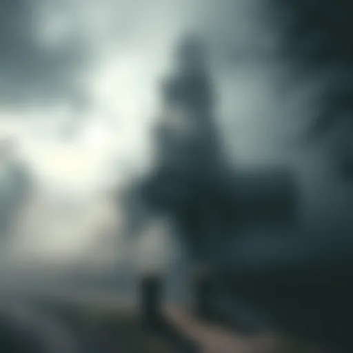 An old building surrounded by fog, suggesting a haunting atmosphere with shadows that evoke emotion from the past.