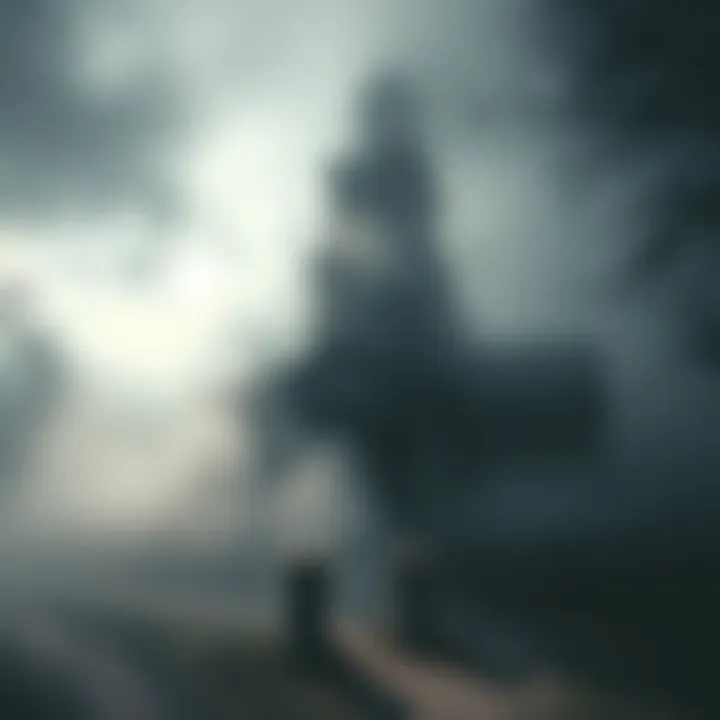 An old building surrounded by fog, suggesting a haunting atmosphere with shadows that evoke emotion from the past.