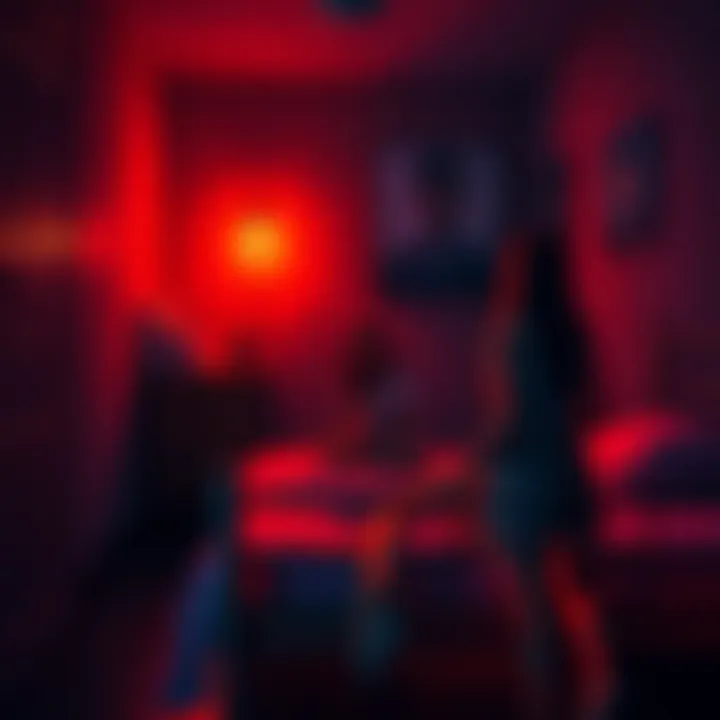 A dimly lit hostel room with an unsettling atmosphere, showing a bed, a mysterious shadow in the corner, and a frightened young woman sitting on the bed.