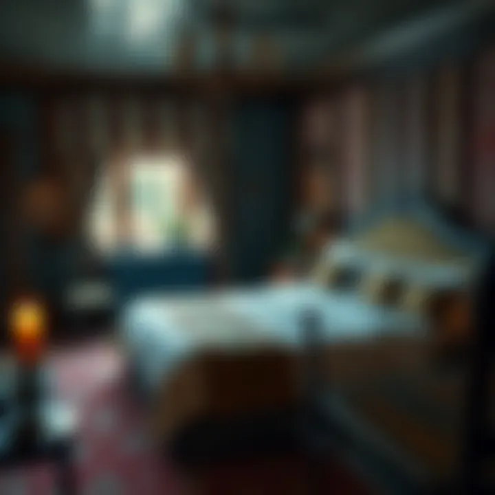 A cozy hotel room with vintage decor and a flickering candle, hinting at paranormal activity.