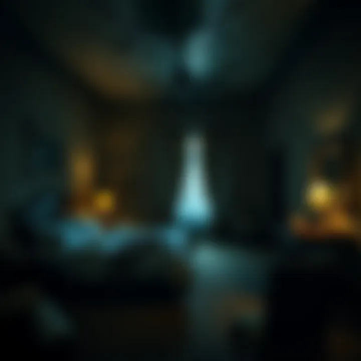 A spooky hotel room with dim lighting, old furniture, and eerie shadows, perfect for ghost hunting.