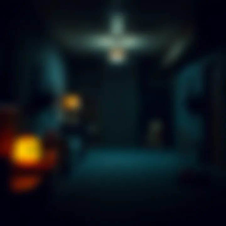 Haunted House Basement A dimly lit basement with eerie shadows, toys scattered around, and a feeling of unease.