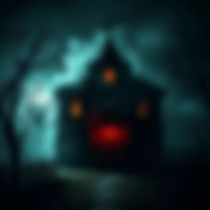 A dark and eerie haunted house with ominous shadows lurking around, suggesting a presence inside.