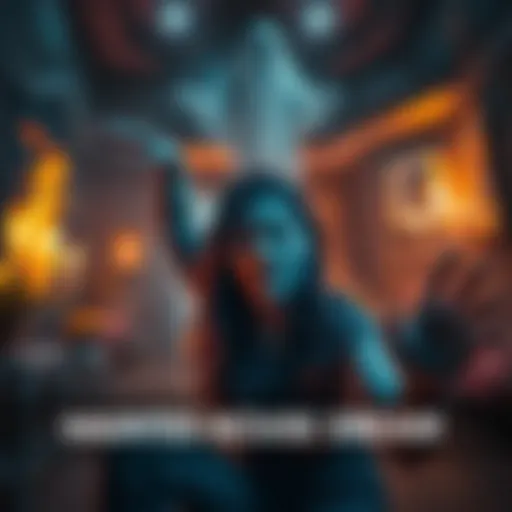 A woman in a haunted house with a ghostly figure and flames around her, looking terrified and struggling with sleep paralysis.