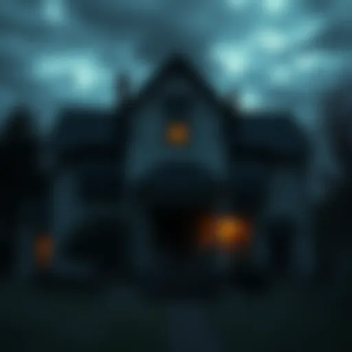 An old house with a spooky atmosphere, dark skies above and eerie shadows around, hinting at ghostly presence