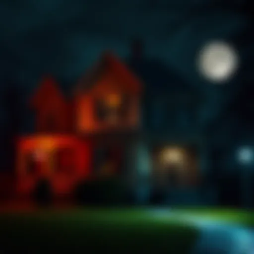 A spooky old house at night with flickering motion sensor lights illuminating the front yard, creating an eerie atmosphere