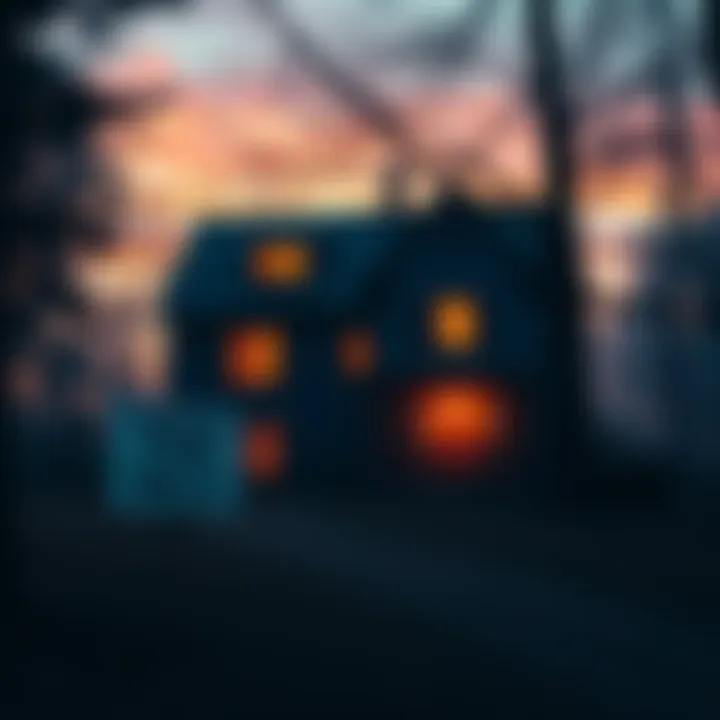 A spooky house with a for sale sign in front, surrounded by a dark forest during twilight