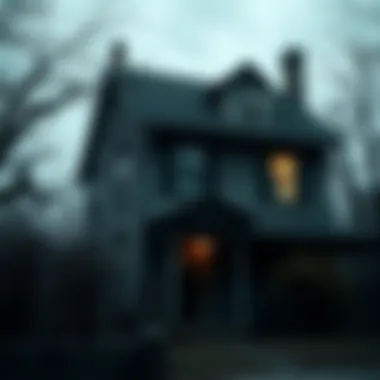 An old house in Frederick, Maryland, with dark windows and a shadowy figure near the door, evoking a spooky atmosphere.