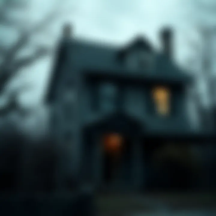 An old house in Frederick, Maryland, with dark windows and a shadowy figure near the door, evoking a spooky atmosphere.