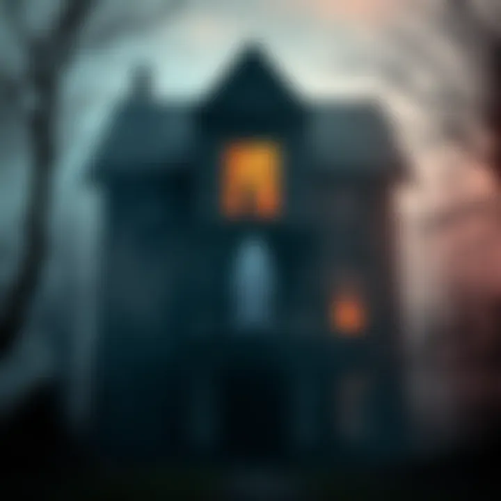 A spooky old house with a faint ghostly figure appearing in a window, surrounded by mist and trees, suggesting a haunted location.