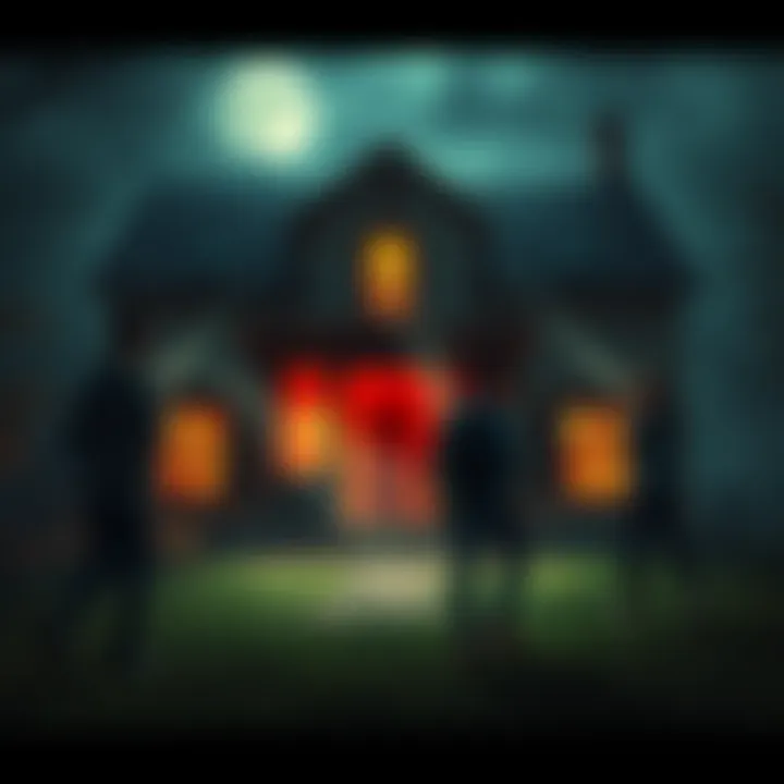 A group of friends exploring a spooky house with flashlights at night