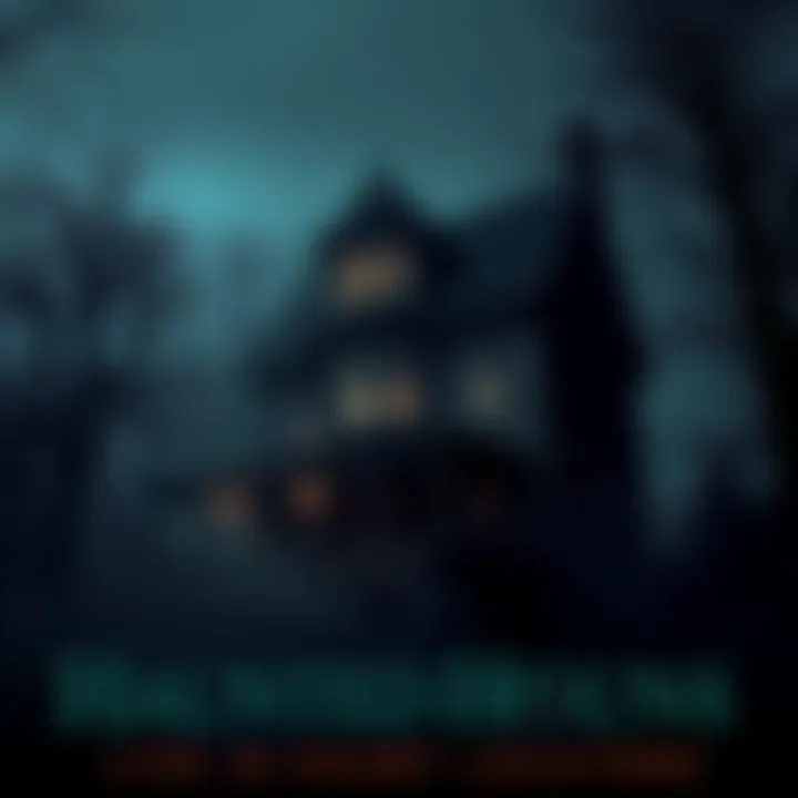 A spooky old house with dim lights, surrounded by fog and eerie trees, evoking a haunted atmosphere.