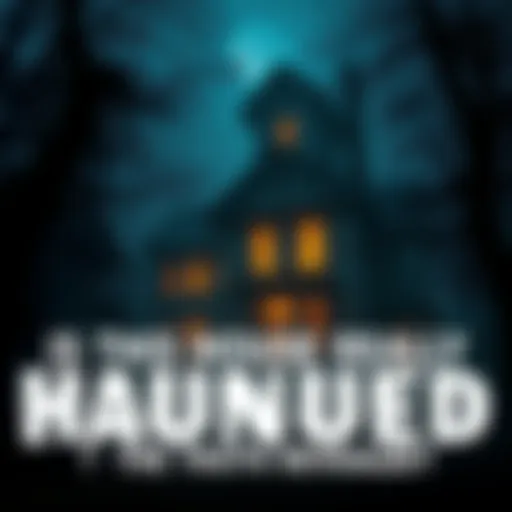 An eerie old house with flickering lights in the windows, surrounded by dark trees and a foggy atmosphere
