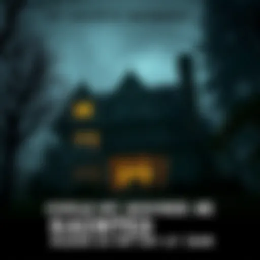 A dark, eerie house with lights on, surrounded by trees, hinting at a spooky atmosphere.
