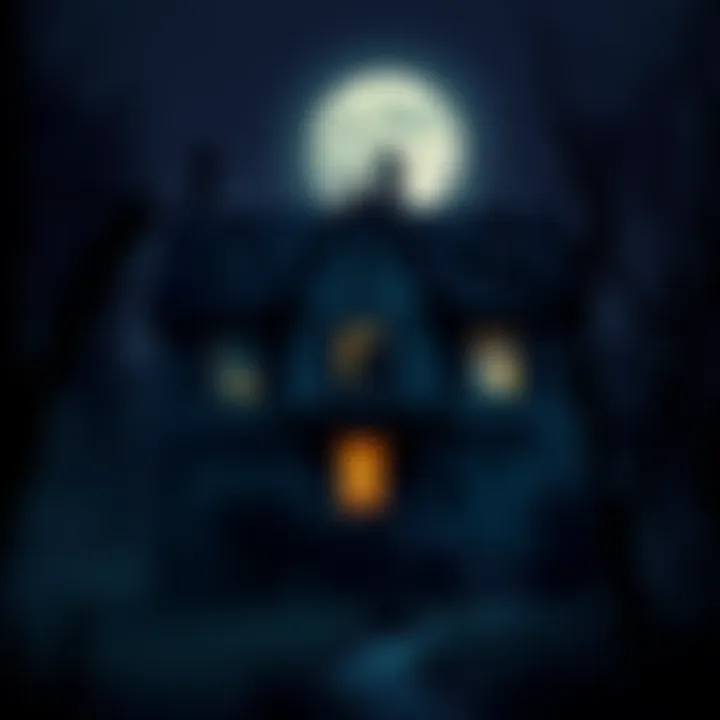 An old, dark house with broken windows under a full moon, surrounded by eerie trees and mist