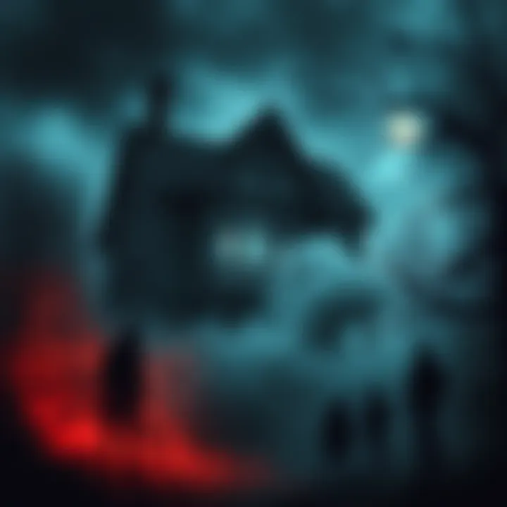 A dark, eerie house surrounded by shadowy figures in a dreamlike scene
