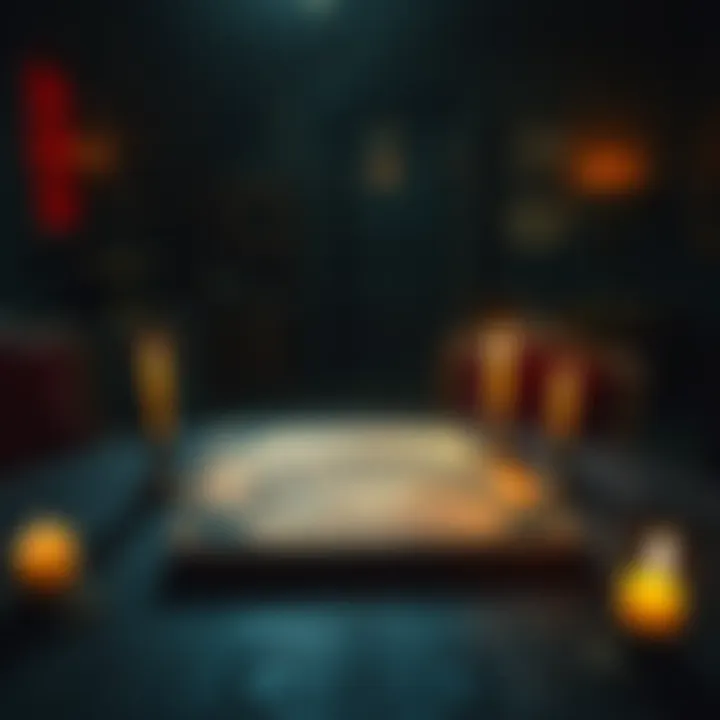 A dark, old house with a Ouija board on a table, candles lit around it, creating an eerie atmosphere.