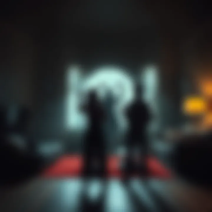 A couple stands in their dimly lit living room, looking surprised as they see a shadowy figure mimicking their poses.