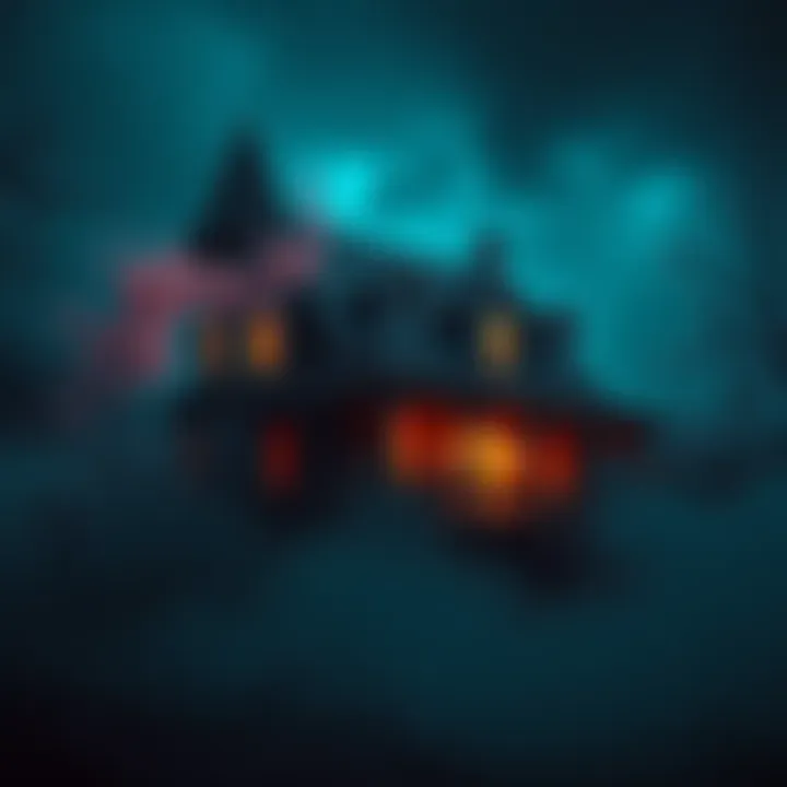 An old, spooky house with dark shadows and fog surrounding it, hinting at a haunted atmosphere.