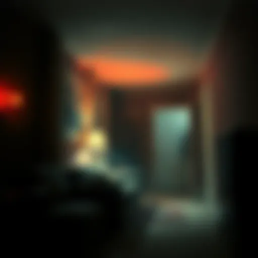 A dimly lit room with flickering lights and shadows, hinting at paranormal activity