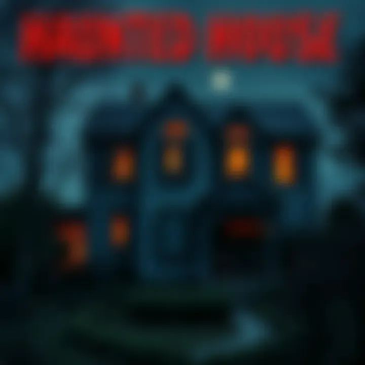 A spooky old house with dark windows and overgrown yard, suggesting a haunted atmosphere.