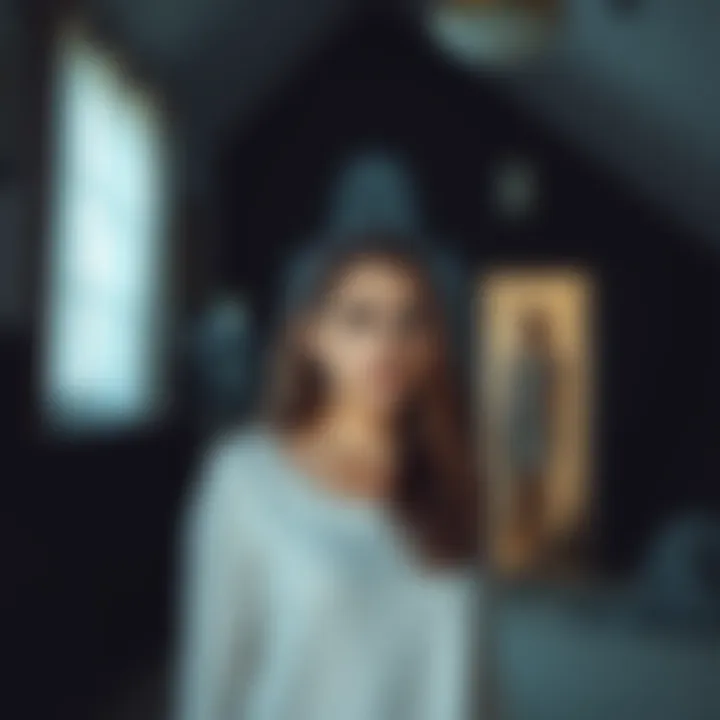 A woman stands in a dimly lit room, looking surprised and worried as a ghostly figure of a woman appears behind her, representing her husband's late ex-wife.