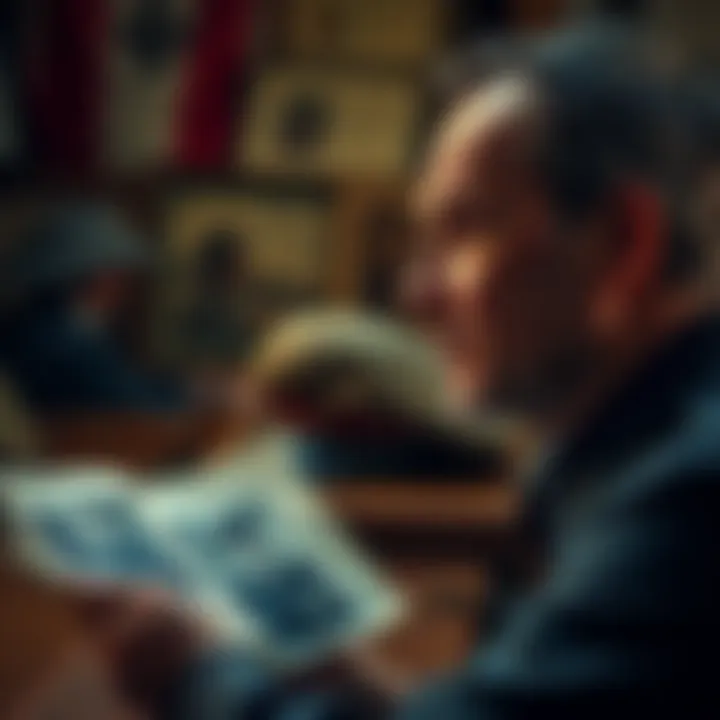 A French man looking thoughtfully at historical photographs and documents related to World War II, symbolizing his connection to a past life as a German officer.
