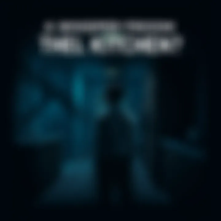 A person standing alone in a dark kitchen, looking startled as they hear whispers, with shadows looming around them.