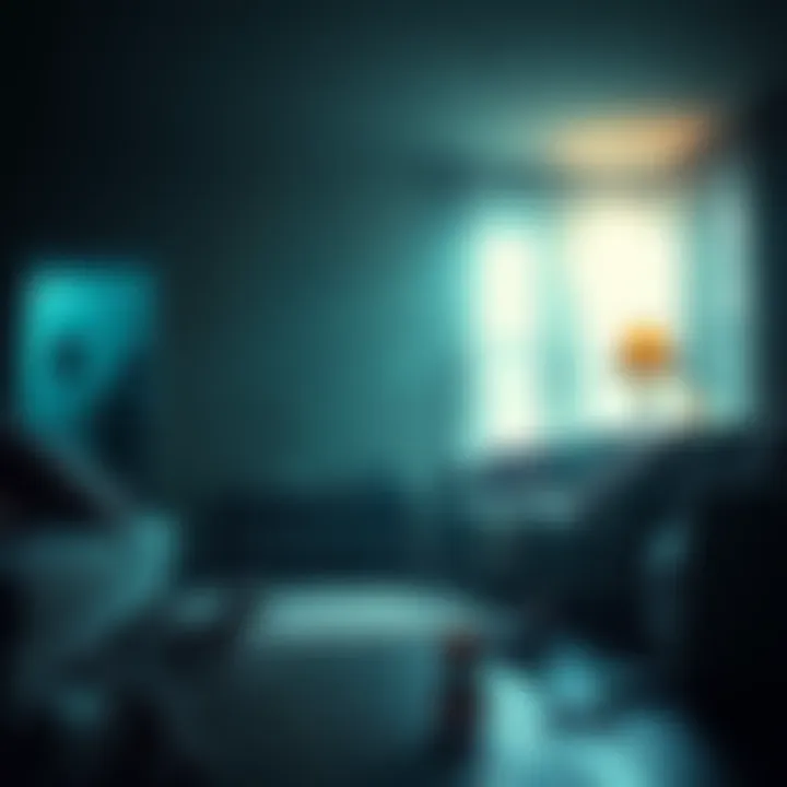 A dimly lit living room with a shadowy figure in the corner and toys scattered around, suggesting ghostly activity.