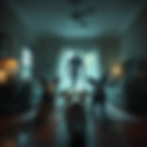 A dark entity with a disturbing smile lurks in a living room, while two dogs appear tense and alert. The room has dim lighting, creating an eerie atmosphere.