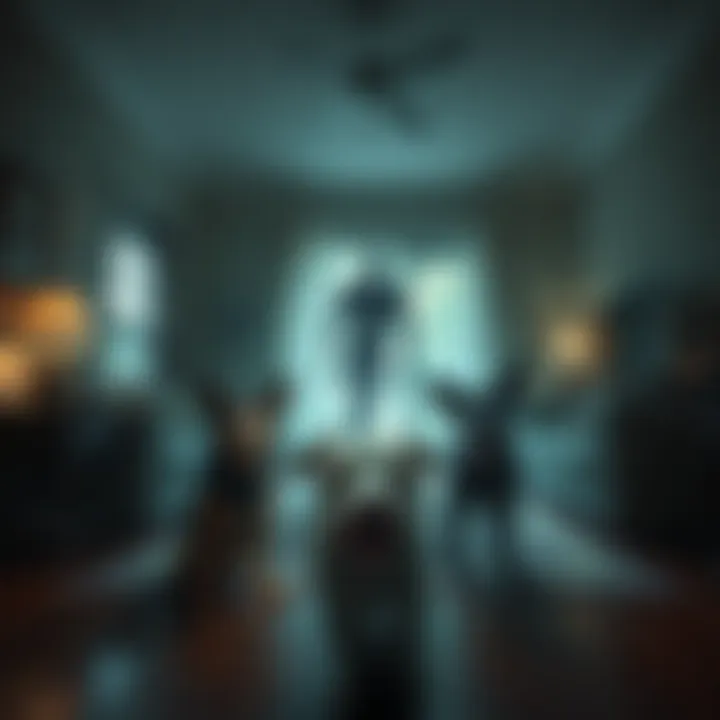 A dark entity with a disturbing smile lurks in a living room, while two dogs appear tense and alert. The room has dim lighting, creating an eerie atmosphere.