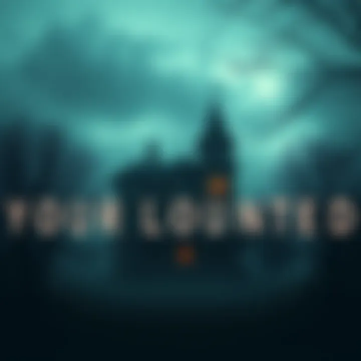 A spooky old mansion surrounded by fog and spooky trees at night.