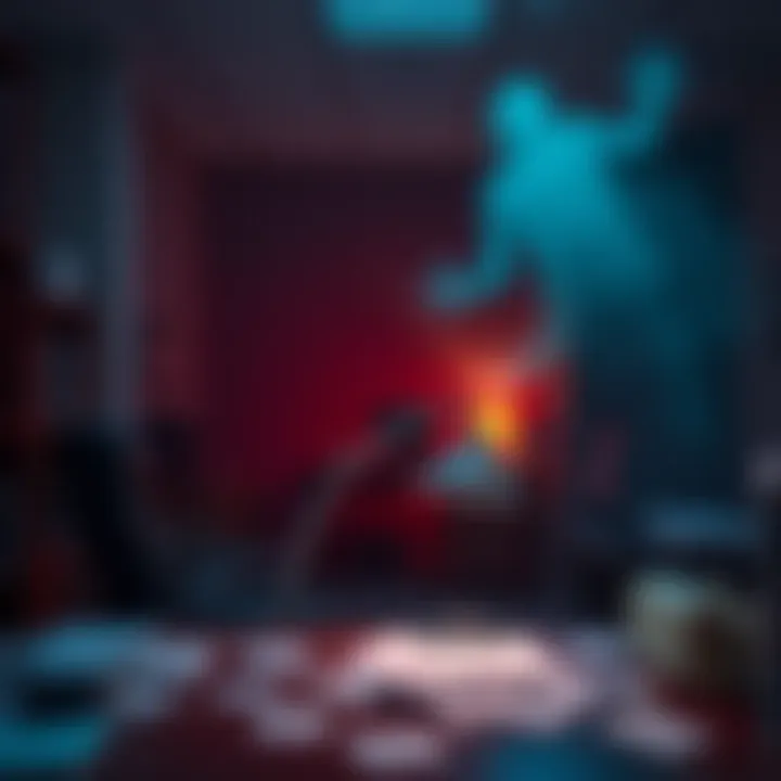 A dimly lit office space showing eerie shadows and a desk with scattered papers, hinting at poltergeist activity.