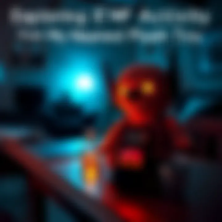 A plush toy on a table with an EMF reader showing unusual readings, surrounded by a dimly lit room