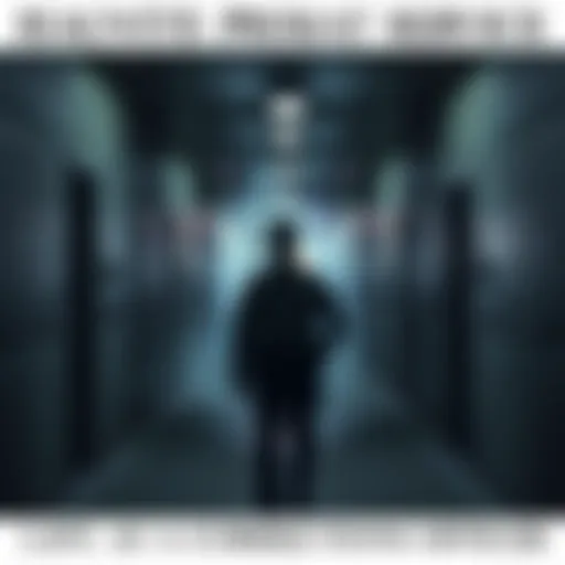 A corrections officer standing in a dimly lit corridor of a historic prison, shadows looming and a ghostly figure faintly visible in the background.