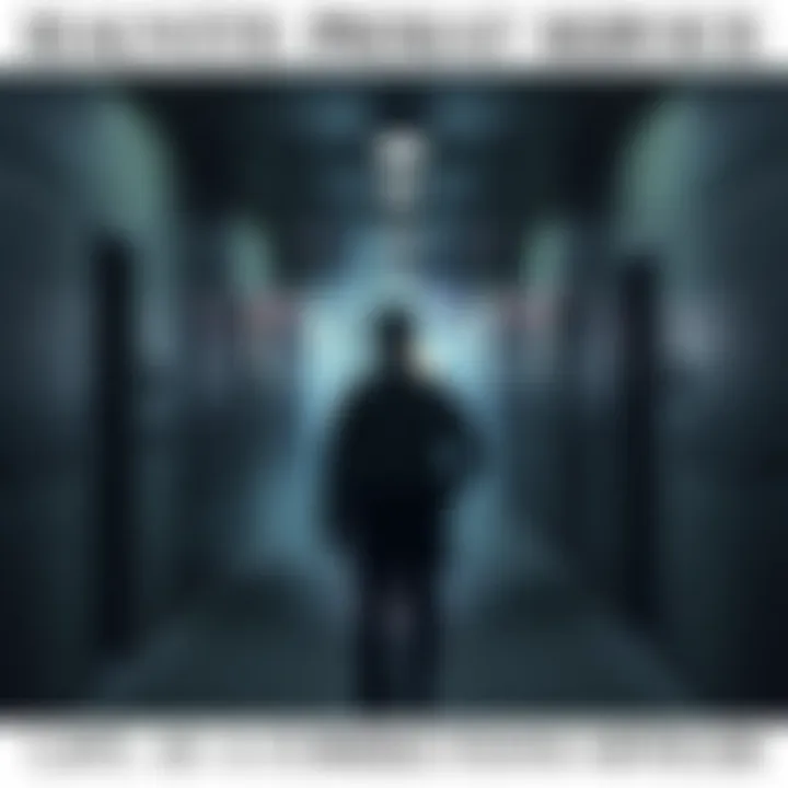 A corrections officer standing in a dimly lit corridor of a historic prison, shadows looming and a ghostly figure faintly visible in the background.